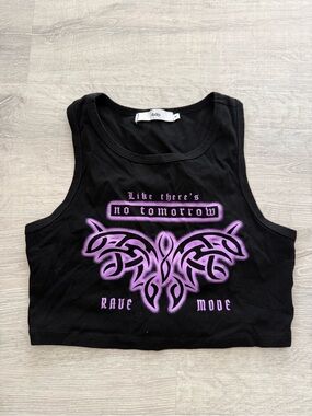 Adika Black Crop Tank with Purple Tribal Butterfly Graphic
